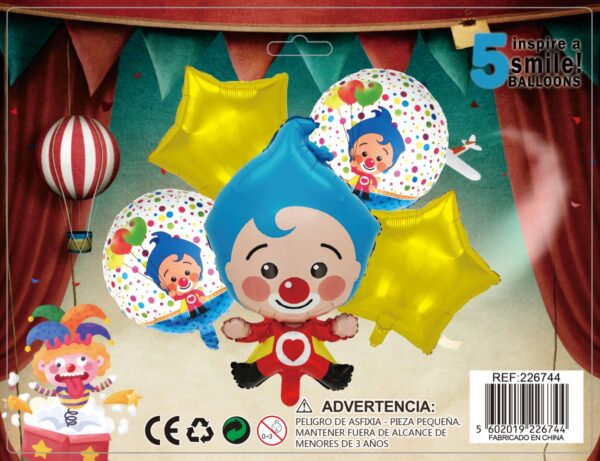 SET GLOBOS METALICOS PAYASO PLIM PLIM 5PCS