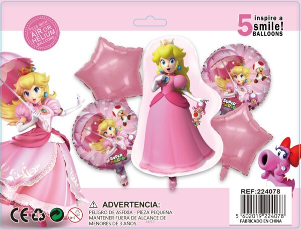 SET GLOBOS METALICOS PRINCESA PEACH 5PCS