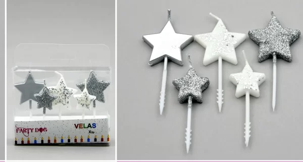 VELA ESTRELLA GLITTER 5 UNI PLATEADO