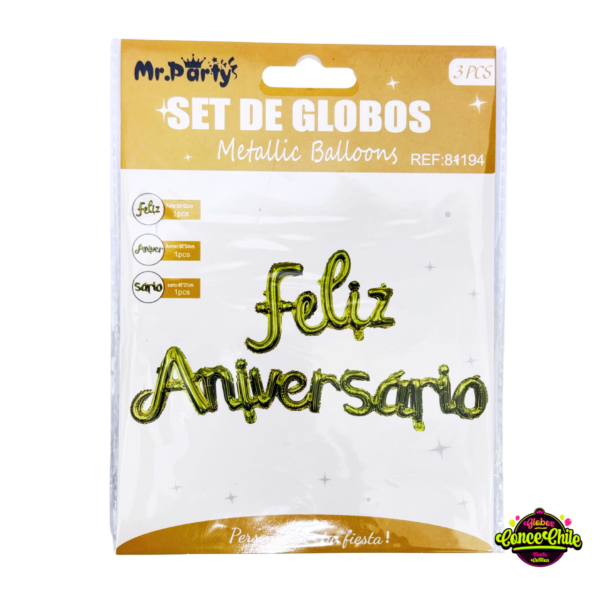 SET GLOBOS FELIZ ANIVERSARIO DORADO