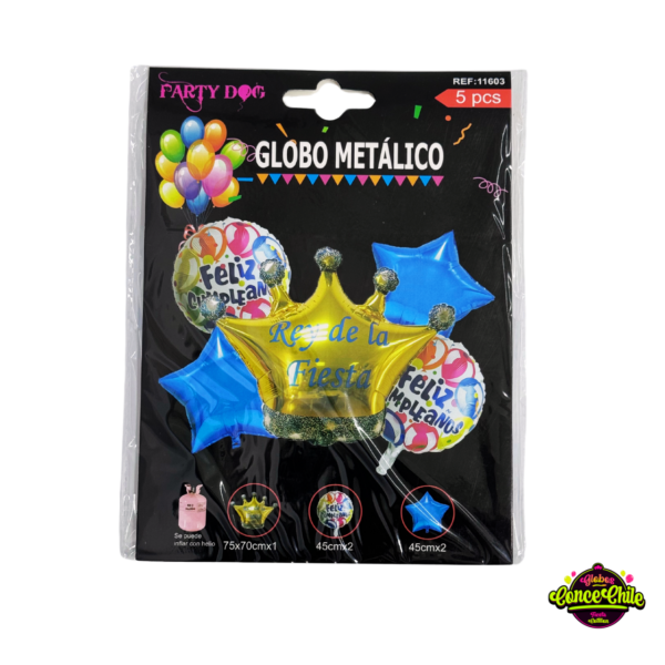 SET GLOBOS REY DE LA FIESTA AZUL 5PCS